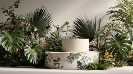 Two-tier podium for luxury product display, glossy ceramic finish, surrounded by tropical foliage, neutral white background, high-resolution 3D render, professional studio lighting