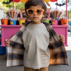 Kids light gray tshirt mockup. Little boy model in glasses, wearing oversized short sleeve t-shirt posing near festive Halloween sweets stand. Youngs basic crewneck tee mockup