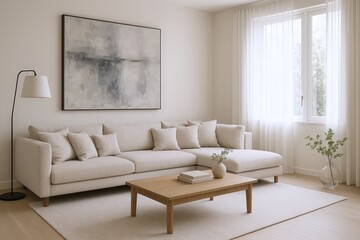 Fototapeta premium Serene Living Room with Modern Sectional Sofa, Abstract Art, and Natural Light Enhancing a Calm Atmosphere