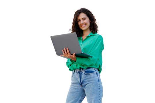 Confident startup founder smiling, gripping laptop, embodying entrepreneurial success against transparent backdrop