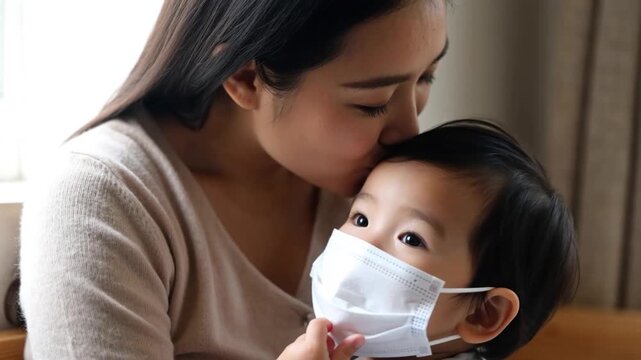 M&egrave;re et son enfant portant un masque