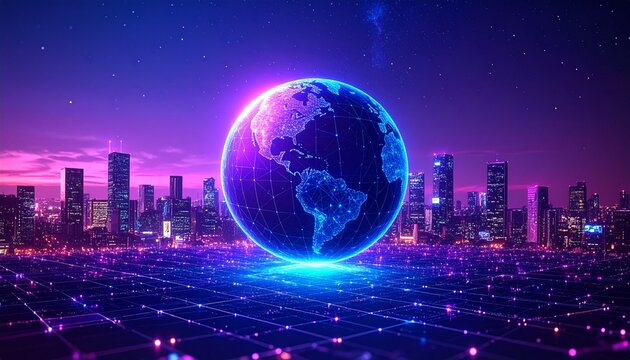 Glowing polygonal network sphere representing a global AI neural net, hovering above a futuristic landscape