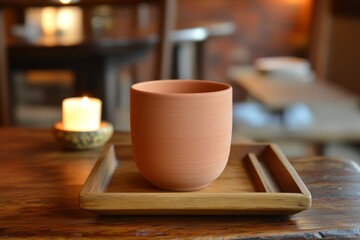 Terracotta cup on a wooden tray.
