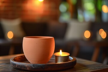 Terracotta pot and candle on a wooden tray.