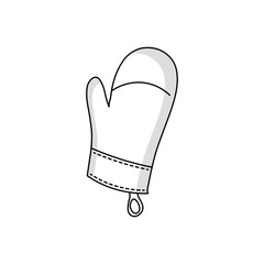 A simple black and white doodle of an oven mitt. This hand-drawn vector sketch icon is perfect for cooking, baking, kitchen, or heat safety-related themes.