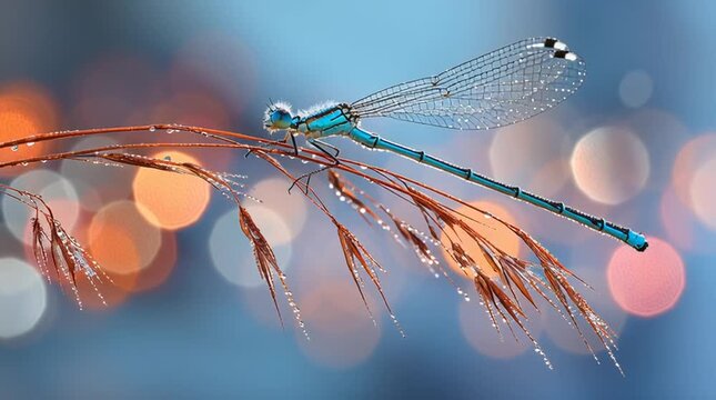 A damselfly clinging to a reed at dawn, wings beaded with dew and background softly blurred