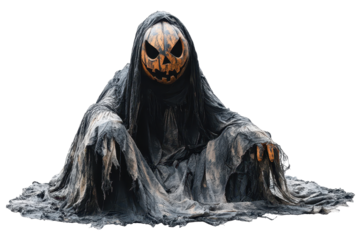 Halloween ghost figure with pumpkin head and dark, tattered cloth on white background creates an eerie atmosphere for spooky season delights