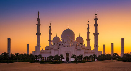 White mosque silhouette in evening sky