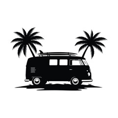 Dreamy beach getaway with vintage van and surfboards, inviting summer vibes and tropical island adventures for travel inspiration