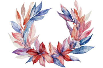 Beautiful retro christmas wreath watercolor design featuring vibrant red, blue, and pink leaves perfect for holiday decorations and festive arrangements to create a joyful atmosphere