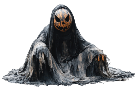 Halloween ghost figure with pumpkin head and dark, tattered cloth on white background creates an eerie atmosphere for spooky season delights