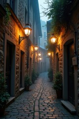 Obraz premium A narrow, cobblestone alleyway in an old European town, illuminated by streetlights. 