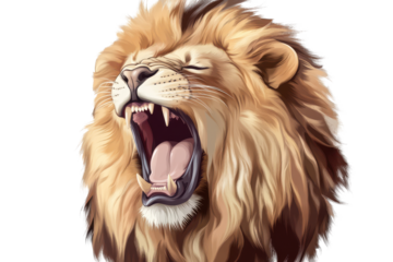 Roaring lion isolated on transparent background, showcasing strength and majesty as it reveals fierce expression with mouth open wide and powerful mane flowing