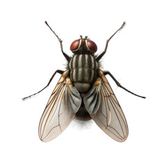 Extreme close up of a housefly with red eyes and translucent wings
