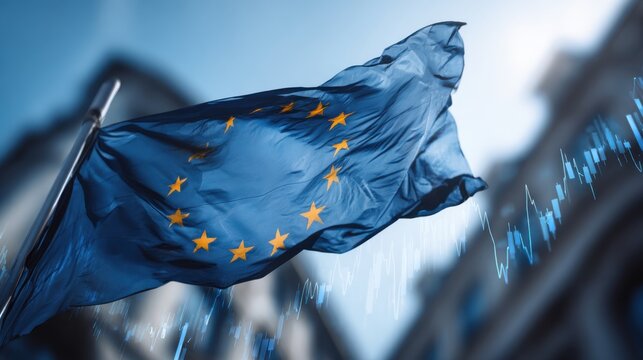 European Union flag waving in the wind against blurred city buildings and stock market graph overlay perfect for politics, economics and international relations concepts