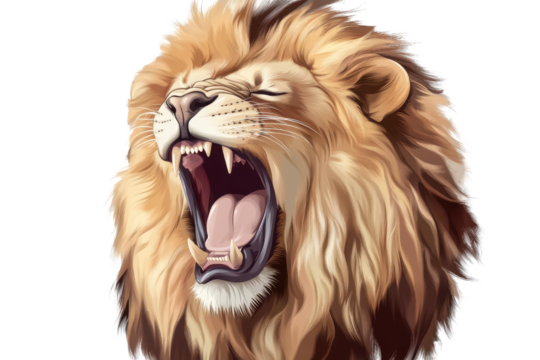 Roaring lion isolated on transparent background, showcasing strength and majesty as it reveals fierce expression with mouth open wide and powerful mane flowing