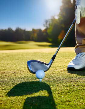First-person view of swinging a golf club on a sunny day. Gloved hands holding a driver, golf ball on tee in front. Green grass with shadows, distant trees and blue sky. White golf shoes and neat atti