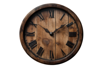 Wooden clock with roman numerals on a transparent background showcasing classic design and craftsmanship for home decor or office use
