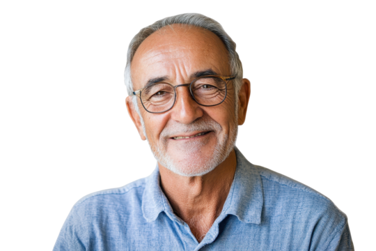 Portrait of a smiling older man dressed in a blue shirt against a neutral background capturing warmth and positivity