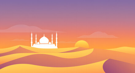 White mosque in golden desert dunes at sunset