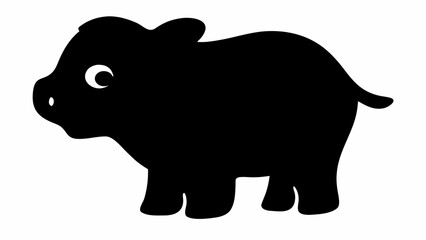 Silhouette of a cartoonish black pig with a curly tail and large round eyes standing on four legs