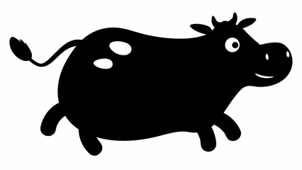 Cartoon black cow with white spots running happily on a white background in a simple vector style