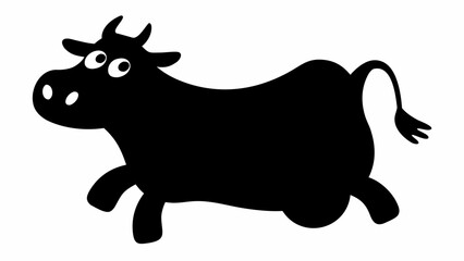 Silhouette of a cartoon cow running with exaggerated eyes and a playful tail on a white background