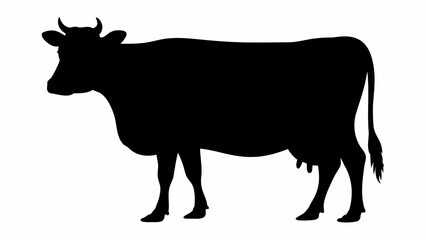 Silhouette of a cow standing in profile with visible horns and udder against a white background plain view