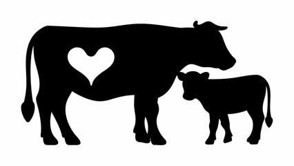 Silhouette of a cow with a heart shape and a calf standing next to it in a black and white design