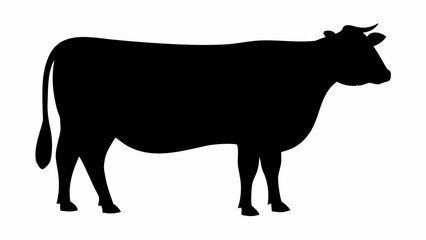 Silhouette of a cow standing in profile with a tail and horns visible against a white background space