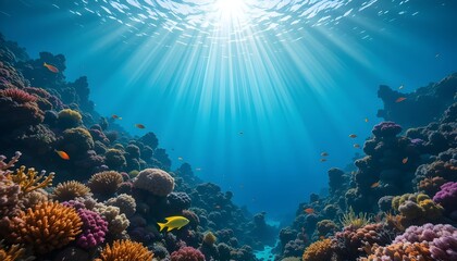 Naklejka premium Photorealistic underwater coral reef scene with colorful fish, sunbeams from surface, and