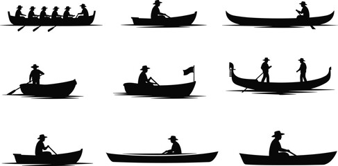 Silhouette of people rowing boats, canoeing, paddling, gondola ride, river adventure, fishing, traditional rowing, boatman, water transport, travel scene © Biplob Creatives