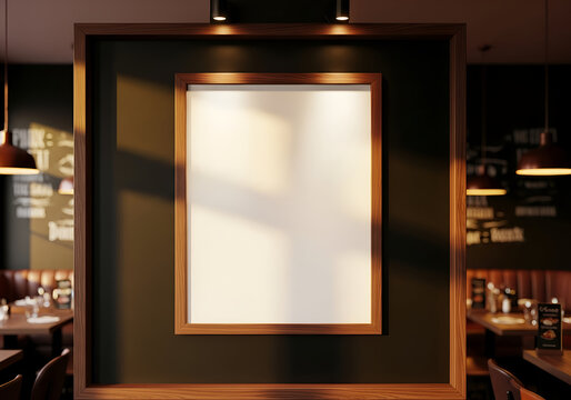 A blank white poster mockup in a wooden frame on a dark wall inside a cozy, sunlit restaurant interior.