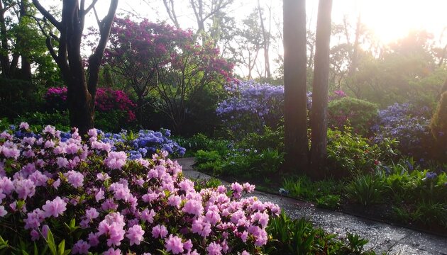 Lush Garden Path with Vibrant Pink and Blue Flowers in Sunlight - Powered by Adobe