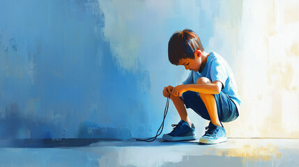 Thoughtful boy tying shoelaces while squatting on the floor, colorful digital painting with blue tones
