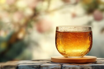 Glass teacup filled with amber liquid on a wooden coaster, outdoors.