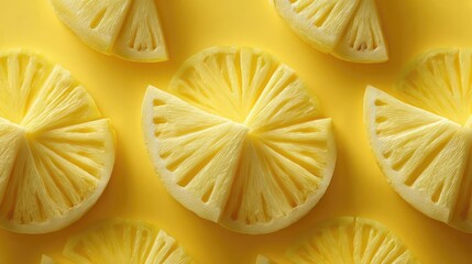 Slice swatch with pineapple wedge concept. Fresh lemon slices arranged on a bright yellow background.