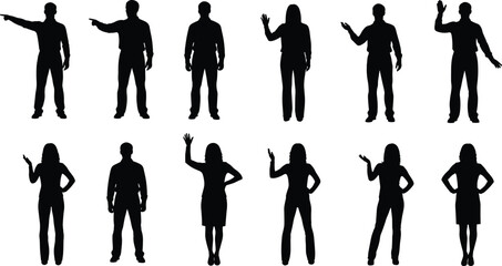 Silhouette people standing, pointing, waving, hand on hip, isolated on white background, men and women poses, vector illustration, communication gestures, design element