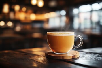 A warm beverage sits on a wooden table in a cafe.
