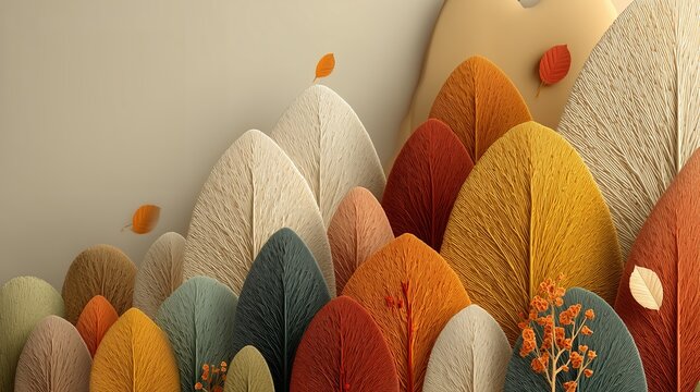 Artistic autumn natural scene with Morandi-colored leaves forming a mountain-like structure, soft embossed textures, and a minimalist blank background.
