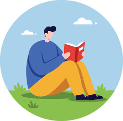 Fototapeta premium Man Sitting on Grass Reading Book Relaxing Outdoors Casual Lifestyle Scene 