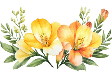 Fototapeta premium Bright and colorful Freesia flowers arranged with greenery for a beautiful spring decoration on a transparent background