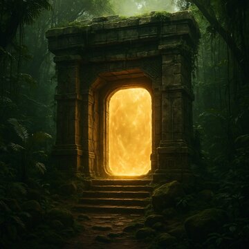 Ancient Stone Gate with Glowing Portal in Lush Jungle &ndash; Cinematic Photorealistic Fantasy Wall Art
