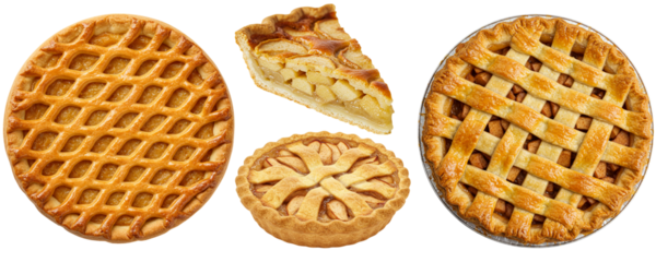 A collection of traditional apple pies, including a whole lattice-top pie, a single slice, and a mini pie. This homemade-style set represents classic comfort food and holiday baking.