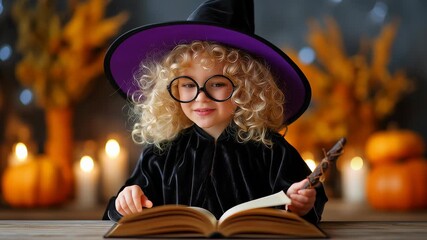Little witch with curly hair reads a magical book in warm atmosphere filled with candles and pumpkins. Cozy indoor space evokes autumn spirit. Concept of Halloween, magic, children’s imagination