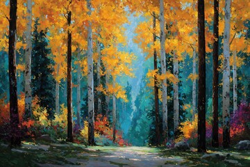 Autumn forest path with birch trees' golden leaves and dark green foliage, sunlight filtering through branches, rich color layers, warm, peaceful, healing natural ambiance, longing for primitive natur