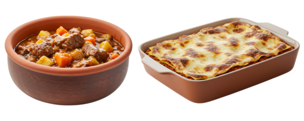 Two hearty baked dishes, a bowl of chili con carne and a serving of lasagna or gratin. This collection of classic comfort food represents a satisfying home-cooked dinner.