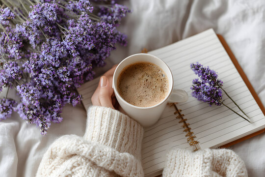 Coffee, clean notebook and lavender flower on white background from above. Woman working desk. Cozy breakfast. Mockup. Flat lay style.