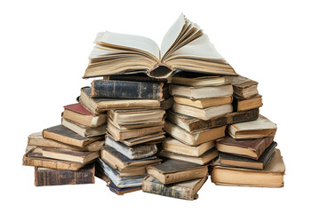 Collection of worn books stacked along with an open volume on white surface showcasing pages ready for reading and exploration of knowledge
