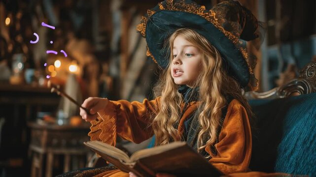 Little witch reads from an ancient spell book, immersed in the lore of magic. Cozy room features warm lighting and whimsical decorations, enhancing the mystical vibe